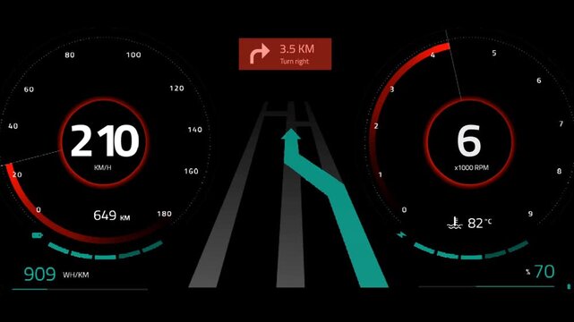 Animated dashboard showing speedometer at 127 KM/H, RPM gauge at 6, and additional stats on a black background, ideal for tech projects
