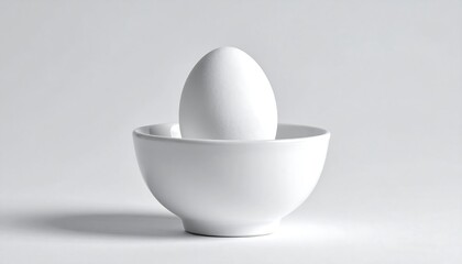 A single white egg sits in a white bowl