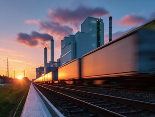 Fototapeta premium A dynamic sunset view of an industrial setting, featuring train tracks beside a power plant with smokestacks and vibrant cloud formations.