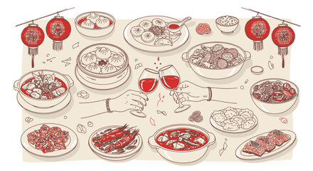Celebrate Chinese New Year with a vibrant feast of dumplings, noodles, and seafood, toasting prosperity with red wine in a stylish, modern setting
