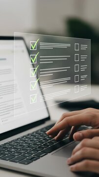 Online Checklist Completed on Laptop: Business Woman Fills Digital Form, Task Management, Productivity and Efficiency Concept