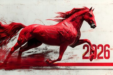 2026 new year red horse artwork in dynamic paint splash motion, abstract modern design for wall art, poster, digital print and decoration. 