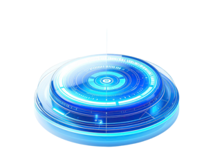 Round, glowing, futuristic device with circular interface