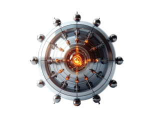 Circular metallic object, radiating orange light, intricate design