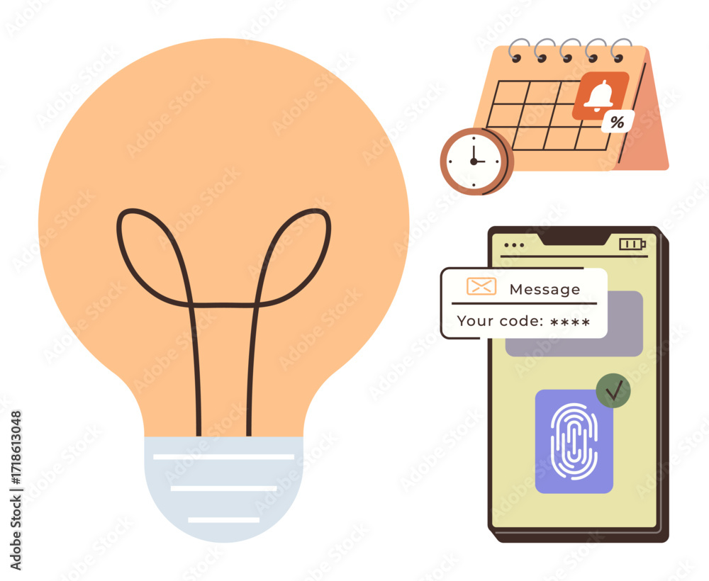 Poster lightbulb symbolizes innovation, smartphone with otp entry and fingerprint highlights security, and 