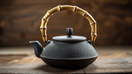 Dark gray tea kettle with a light brown bamboo handle sits on a wooden surface
