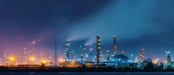 Naklejka premium A night view of an industrial complex with glowing lights and smoke, showcasing large structures and a vibrant skyline.
