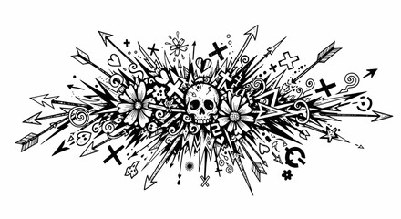 Intricate skull and floral explosion design for edgy apparel, sticker art, or alternative lifestyle brand visuals with bold, hand-drawn aesthetic