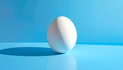 A single white egg on a vibrant blue surface