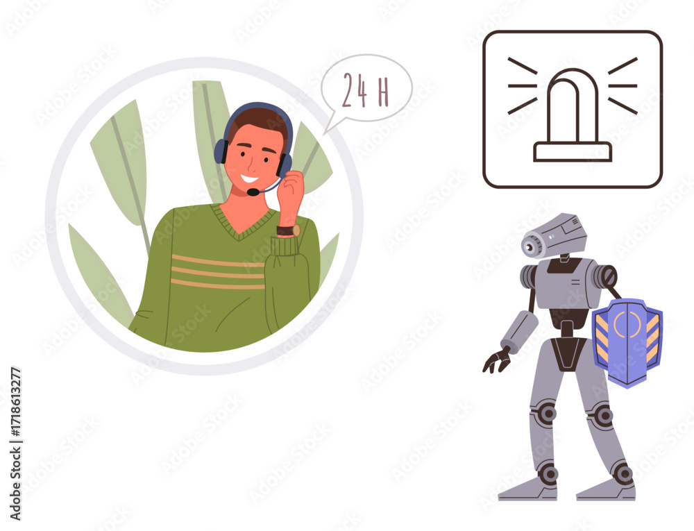 Poster customer service agent speaking on headset, robot with shield symbolizing security, and alarm icon c