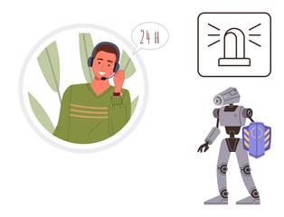 Customer service agent speaking on headset, robot with shield symbolizing security, and alarm icon concept. Ideal for technology, robotics, customer support, emergencies, protection, AI