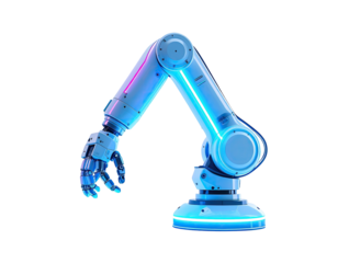 Robotic arm, light-blue and white, with glowing accents, in a three-quarter view