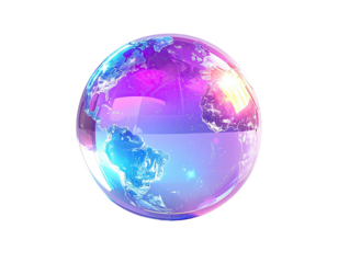 A vibrant, iridescent globe, resembling a soap bubble, showcasing a detailed world map
