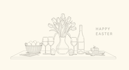 Elegant Easter celebration with wine, tulips, cake, and hand-drawn eggs, perfect for holiday greetings and springtime designs © AgnaPutri