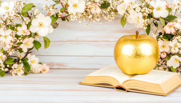 Golden apple on open book, spring flowers