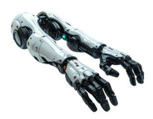Two white robotic arms, intricate mechanical design, extending outwards, high-tech and futuristic