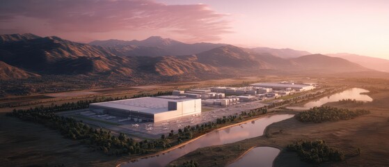 A panoramic view of a large industrial facility surrounded by mountains and a river, showcasing a blend of nature and modern infrastructure at sunset.