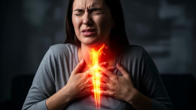 Woman experiencing intense heartburn with animated flames, illustrating acid reflux and digestive discomfort affecting health and well-being.