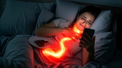Woman in Bed Suffering from Heartburn After Eating Chocolate at Night While Using a Smartphone Experiencing Discomfort - Powered by Adobe