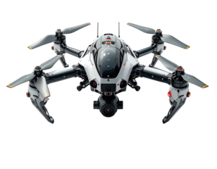 Futuristic drone with a spider-like chassis, featuring a transparent cockpit and multiple camera lenses