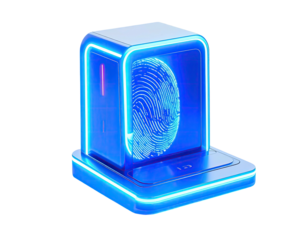 Futuristic, glowing blue device with a fingerprint graphic