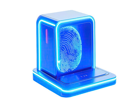 Futuristic, glowing blue device with a fingerprint graphic