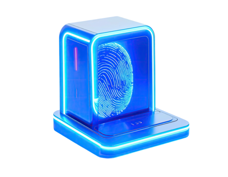 Futuristic, glowing blue device with a fingerprint graphic