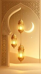Ornate archway with hanging lanterns, desert scene