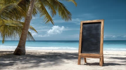 Blank Sign on Tropical Beach Paradise Mockup for Vacation Advertisement or Summer Promotion
