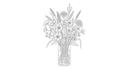 Elegant floral bouquet in glass vase for sophisticated coloring pages and design projects, perfect for invitations, greeting cards, and artistic backgrounds