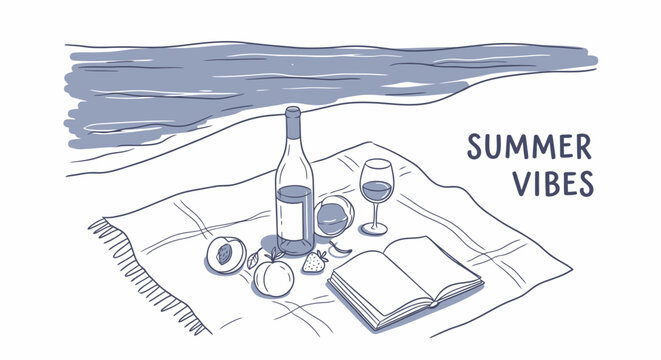 Escape to summer bliss with this charming picnic illustration by the sea, perfect for vacation vibes and carefree moments, creating a serene getaway