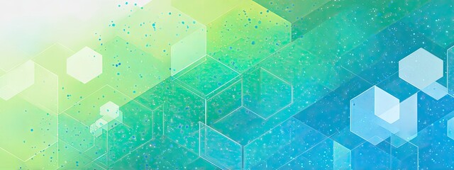 Abstract geometric pattern of translucent hexagons in vibrant, shifting shades of green and blue