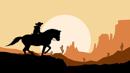 Desert landscape illustration with silhouette of cowboy riding horse