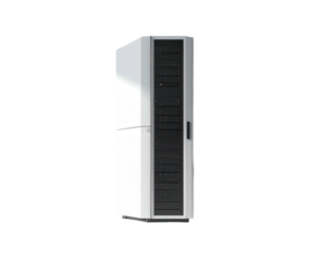 White server rack with black accents, angled front