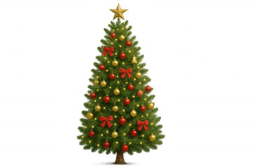 Fototapeta premium Decorated christmas tree with golden star, red bows, and festive ornaments on transparent background for holiday design