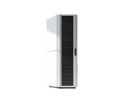 White server rack with black accents, angled front