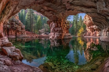 Tranquil cave reflecting forest