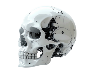 Mechanized skull, profile view, white