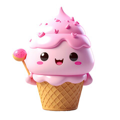Cute pink ice cream cone with a happy face and a cherry on a stick