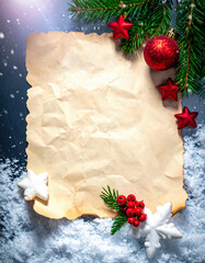 christmas with blank paper and decoration on snow design background