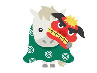 獅子舞の衣装を着た、白馬のキャラクターのイラスト｜午年素材