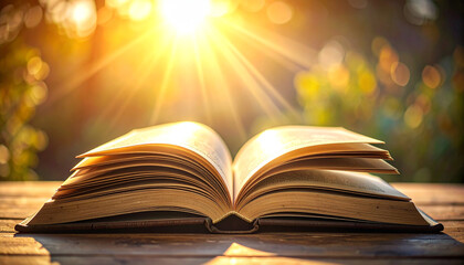 Open Book in Sunlight's Embrace: An open book rests on a wooden surface, bathed in the warm, radiant glow of sunlight. It's a symbol of knowledge and tranquility.