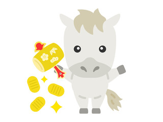 打ち出の小槌を振る、白馬のキャラクターのイラスト｜午年素材