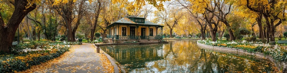Fototapeta premium Autumn Park Landscape with Golden Leaves and Ornate Pavilion, Serene Lake Reflection Seasonal Scenery, Nature Background with Decorative Architecture, Peaceful Outdoor Setting
