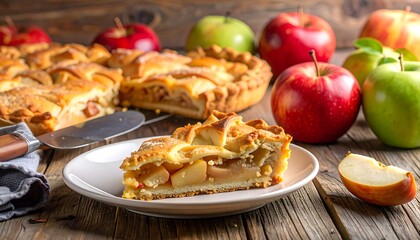 A slice of apple pie on a plate, surrounded by whole apples