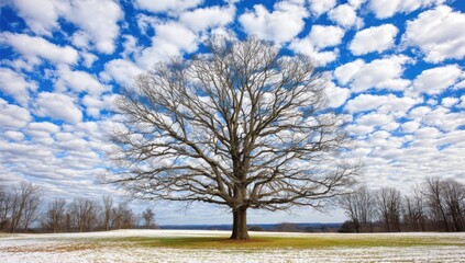 Bare oak tree on snowy field under a vibrant blue sky dotted with puffy white clouds