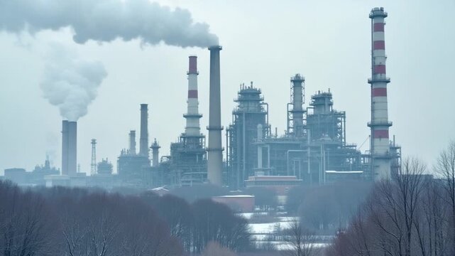 Factory smoke stack - Oil refinery, petrochemical or chemical plant in winter. View from the height