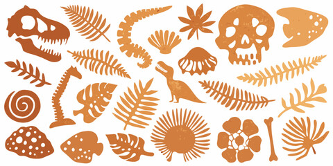 Collection of prehistoric dinosaur fossils and ancient plant elements in warm orange tones