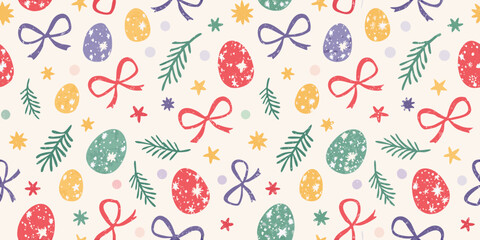 Whimsical easter egg and bow pattern with pine sprigs and stars