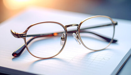 Golden Eyewear on Notebook: Elegant gold-rimmed spectacles rest delicately upon a notepad, exuding an air of intellectualism and precision, inviting focus and clarity.